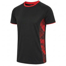 Load image into Gallery viewer, Optimum T-Shirt in black and red from stock. Showing the side panel pattern