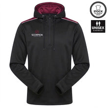 Load image into Gallery viewer, Scorpion Sports black Heritage Hoodie with contrasting maroon shoulder panels and internal hood.