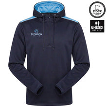 Load image into Gallery viewer, Heritage Hoodie from Scorpion Sports UK in navy with contrasting sky blue shoulder panels and a sky blue internal hood lining.