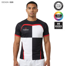 Load image into Gallery viewer, Man wearing a black and white checkered rugby shirt with red accents, standing against a white background.