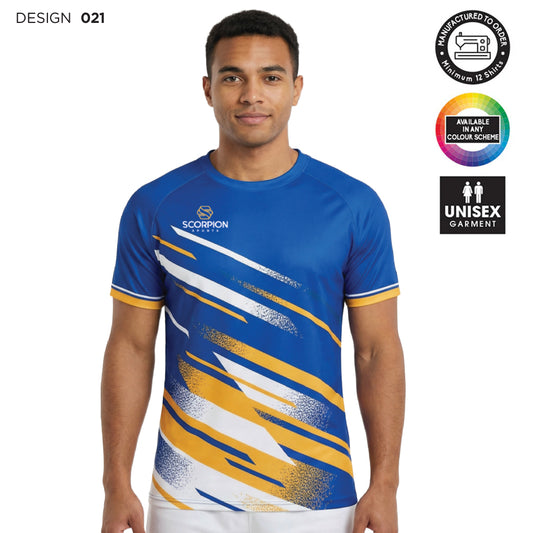 Man wearing a blue sports jersey with Scorpion logo on a white background