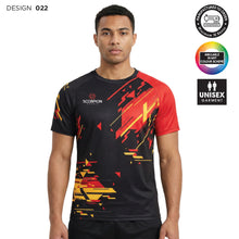 Load image into Gallery viewer, Man wearing a black and red rugby shirt with geometric patterns, on a white background.