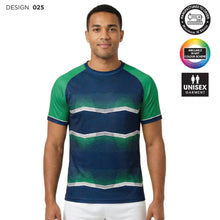 Load image into Gallery viewer, Man wearing a blue and green striped rugby shirt with Scorpion Sports brand logo
