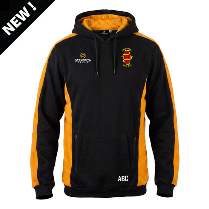 Atherstone Rugby Club Stadium Hoodie in black with amber side and sleeve panels. Embroidered on the chest with the Atherstone RFC badge.
