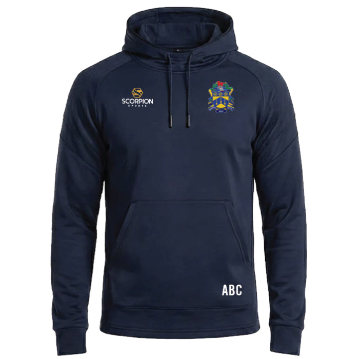 Barkers Butts Rugby Club Kinetic Hoodie in navy with the Barkers badge embroidered to the chest. Available from Scorpion Sports in Coventry.