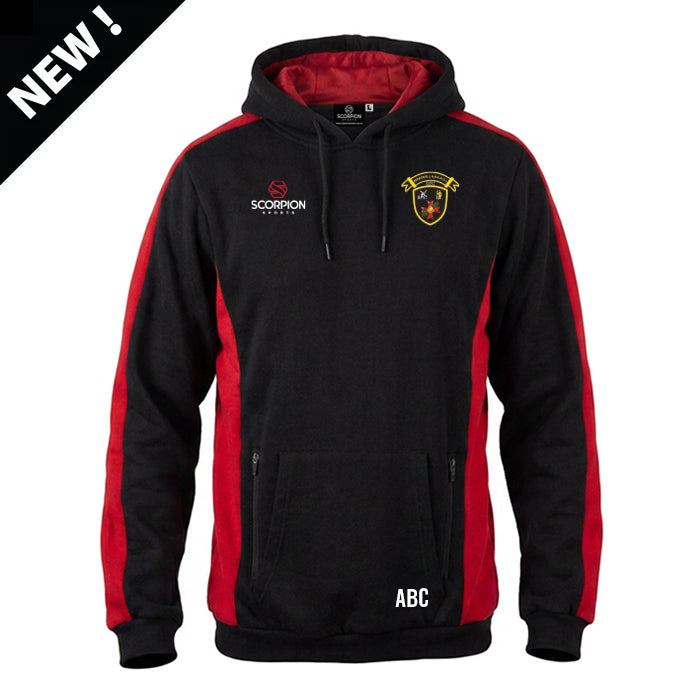 Berkswell & Balsall Rugby Club Stadium Hoodie in black with red side and sleeve panels. Supplied by Scorpion Sports.