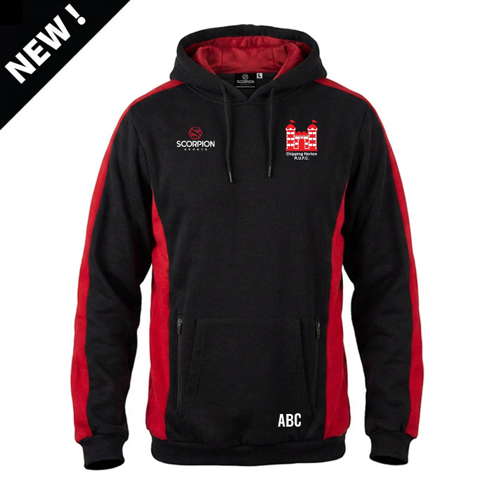Chipping Norton Rugby Club Stadium Hoodie in black with the club badge embroidered on the chest. Supplied by Scorpion Sportswear