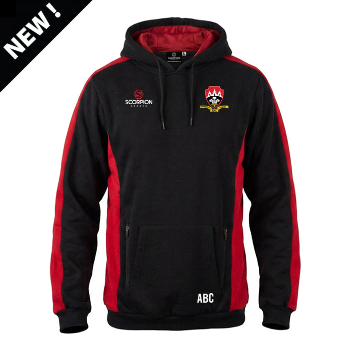 Coventry Welsh Rugby Club Stadium Hoodie in black with red panels. 