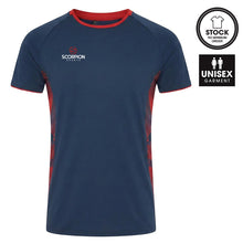 Load image into Gallery viewer, Scorpion Sports Optimum Teamwear T-Shirt in navy with contrasting red and navy side panel pattern.
