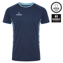 Load image into Gallery viewer, Optimum T-Shirt from Scorpion Sports stock teamwear, in navy with white contrasting side panels and collar. 
