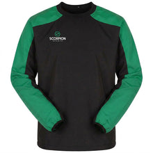 Load image into Gallery viewer, Black and green long-sleeve shirt with Scorpion logo on a white background
