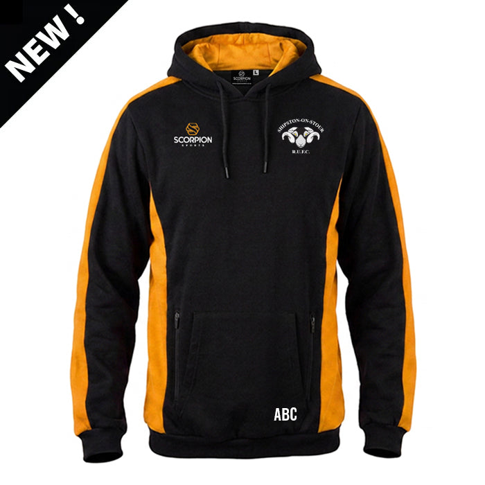 Shipston Rugby Club Stadium Hoodie in black and amber. Embroidered Shipston RFC badge on the chest.