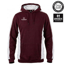 Load image into Gallery viewer, Maroon and white cotton, multi panelled Stadium Hoodie. Produced and supplied by Scorpion Sports.
