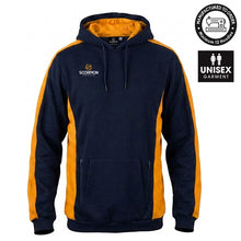 Load image into Gallery viewer, Stadium Hoodie in navy with contrasting amber side and sleeve panels. The ideal teamwear hoodie for all sports. Supplied by Scorpion Sports
