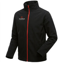 Load image into Gallery viewer, Scorpion Sports Black &amp; Red Softshell Jacket available from stock in senior sizes.
