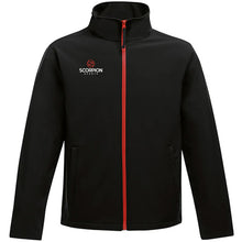 Load image into Gallery viewer, Black Softshell Jacket with a full front red zip. Available from stock at Scorpion Sports
