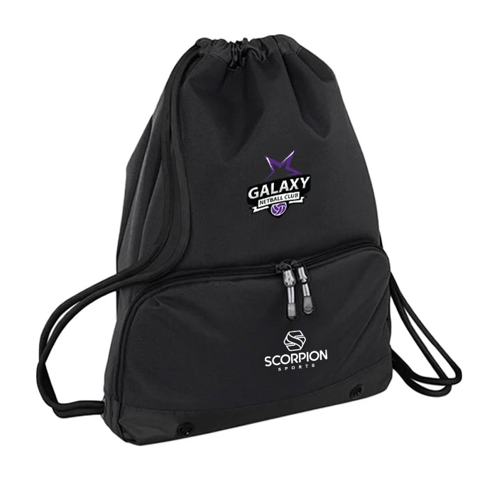 Black pump bag printed with the Galaxy Netball badge and Scorpion Sports logo.