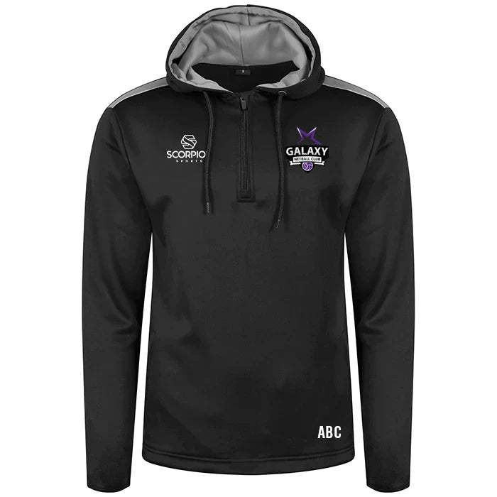 Galaxy Netball heritage hoodie in black with grey shoulder panels and internal hood.