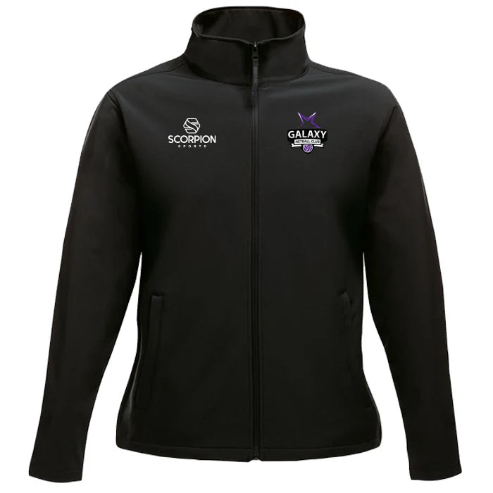 Black Softshell Jacket with the Galaxy Netball badge embroidered on the chest