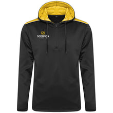 Load image into Gallery viewer, Heritage Hoodie in black with contrasting yellow shoulder panels and internal hood. From Scorpion Sports UK
