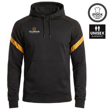 Load image into Gallery viewer, Kinetic Hoodie in black with contrasting amber sleeve panels. A perfect teamwear hoodie from Scorpion Sports.
