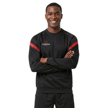 Load image into Gallery viewer, Teamwear Kinetic Sweater in black and red. Male standing with arms crossed modeling the sweater.
