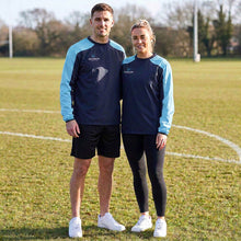 Load image into Gallery viewer, 2 People wearing Scorpion Sports Pro Drill Tops in navy with sky blue panels.

