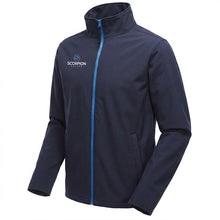 Load image into Gallery viewer, Navy Softshell Jacket with a cyan blue full front zip. Available from stock at Scorpion Sports.
