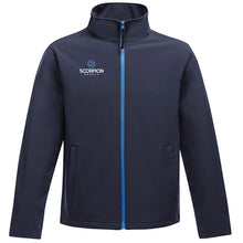 Load image into Gallery viewer, Scorpion Sports stock navy and cyan softshell jacket.
