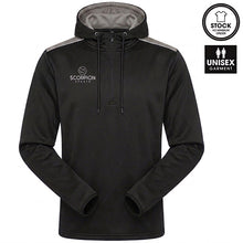 Load image into Gallery viewer, Back and grey Heritage Hoodie from Scorpion Sports. Black Polyester hoodie with contrasting grey shoulder panels and grey internal hood lining.
