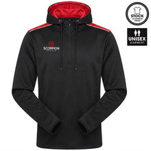 Load image into Gallery viewer, Heritage Hoodie in black with red contrasting shoulder panels and red internal hood lining. From Scorpion Sports UK
