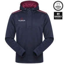 Load image into Gallery viewer, Heritage Hoodie in navy with maroon shoulder panels and a maroon internal hood lining. Available from stock at Scorpion Sports UK
