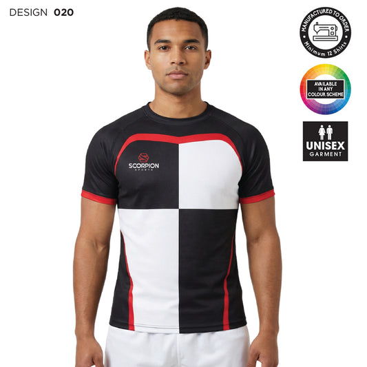 Man wearing a black and white checkered rugby shirt with red accents, standing against a white background.