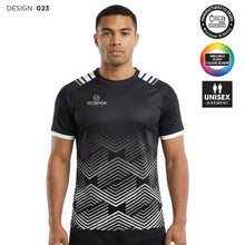 Load image into Gallery viewer, Man wearing a black and white patterned rugby shirt with Scorpion Sports branding on the chest.
